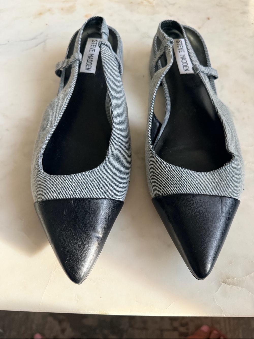 Steve Madden Black and Gray Pointed Toe Slingback Flats